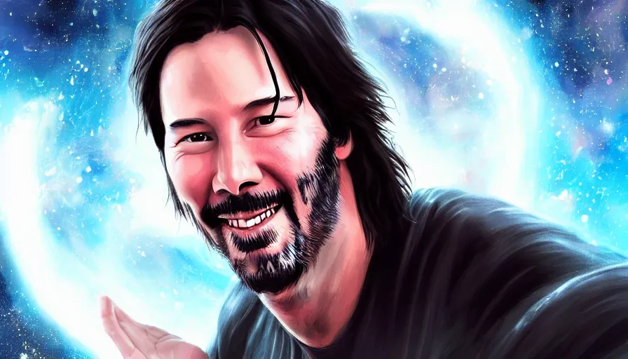 Image similar to a singular Keanu reeves floating in space with a big smile, digital art, artstation, artgem