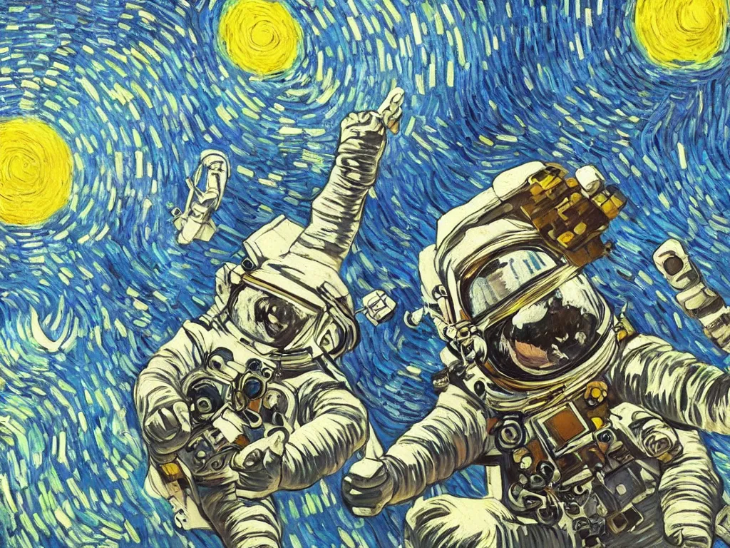 Image similar to bright beautiful oil painting of astronaut giving a thumbs up on a spacewalk, light scatter, van gogh