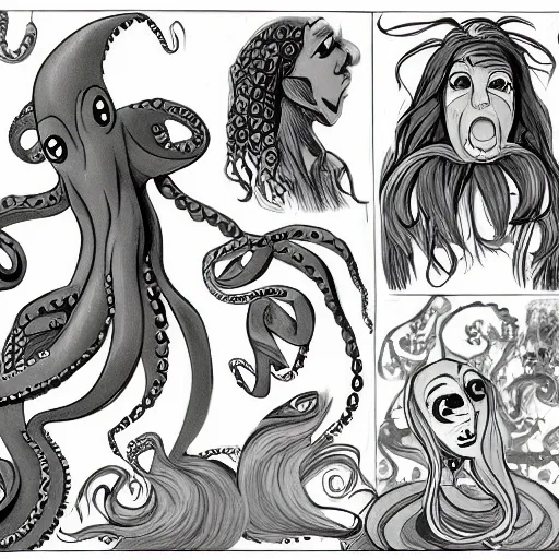 Prompt: a cartoon character of a human - octopus, character - portrait, ursula the sea witch, grotesque, creepypasta, by glen keane, disney