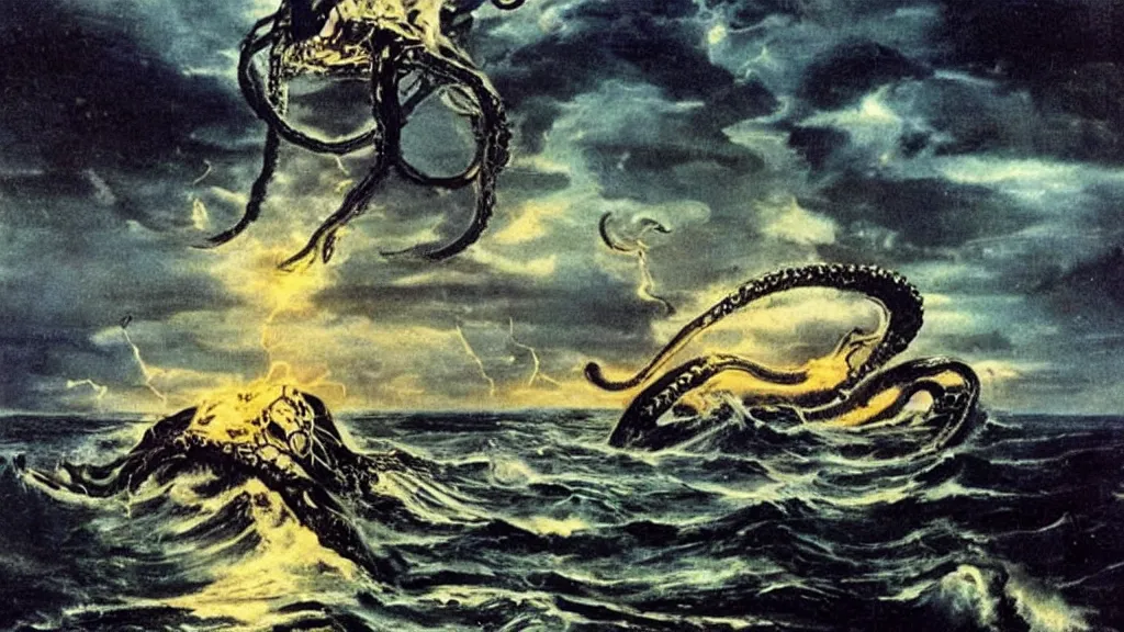 Image similar to a giant kraken emerges from the ocean on a beautiful dark night, flashes of lightning and fire, extraodinary masterpiece!!!!!!, by Salvador Dali