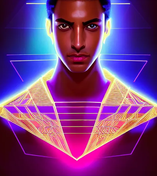 Image similar to symmetry!! egyptian prince of technology, solid cube of light, hard edges, product render retro - futuristic poster scifi, lasers and neon circuits, brown skin man egyptian prince, intricate, elegant, highly detailed, digital painting, artstation, concept art, smooth, sharp focus, illustration, dreamlike, art by artgerm