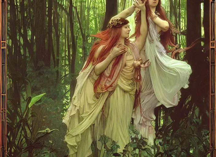 Image similar to will - o'- wisp forest, lush trees, a group of fairies dancing around a demon, magical, vivid colors, rule of thirds, a fantasy digital painting by alphonse mucha, by greg rutkowski, by john william waterhouse, by james gurney, trending on artstation, highly detailed, sharp lines