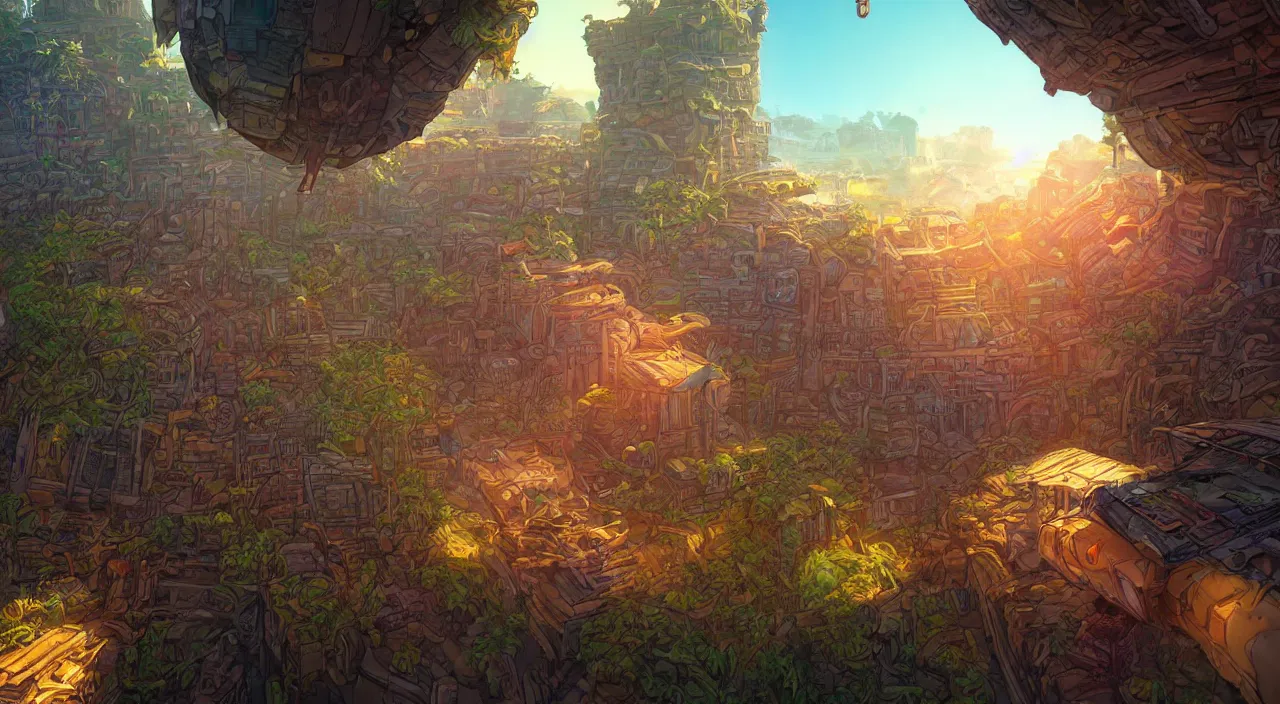 Image similar to open door wood wall fortress airship greeble block amazon jungle on portal unknow world ambiant fornite colorful radiating a glowing aura global illumination ray tracing hdr that looks like it is from borderlands and by feng zhu and loish and laurie greasley, victo ngai, andreas rocha, john harris