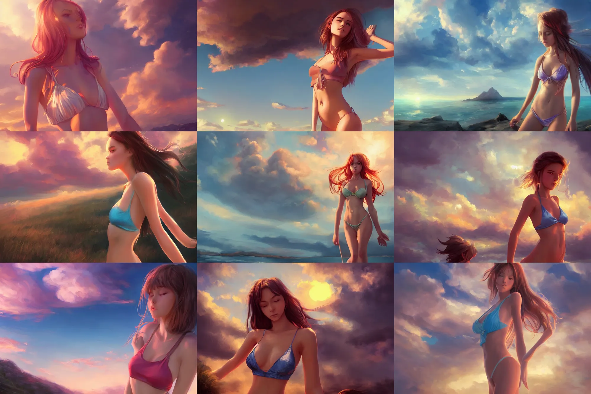 Prompt: front shot of one single beautiful fairy girl in bikini top, manga, digital art by wlop, mandy jurgens, artstation contest winner, cinematic paint. dramatic cloud in background. sunset