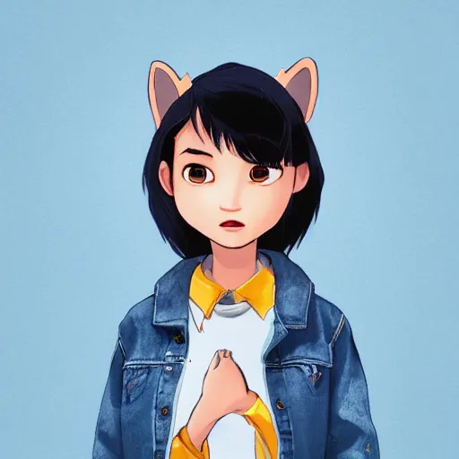 Prompt: upper half portrait, of a anthropomorphic asian girl wearing a denim jacket, in the style of zootopia, far shot, 5 feet away