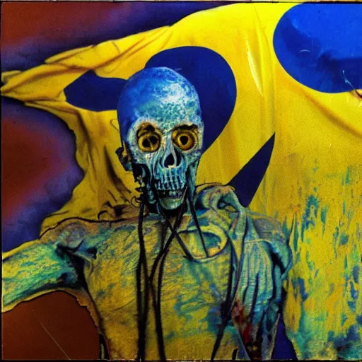 Prompt: radiation eats a real ukrainian and ugly dwarfs alive wild pain and desperate selfies, all dressed and painted in dirty yellow - blue colors against the backdrop of a huge nuclear explosion from which the skin has already burned to the bone