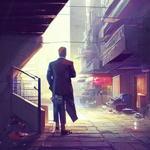 Image similar to portrait of a businessman handing the viewer a briefcase, detailed digital illustration by greg rutkowski, cyberpunk back alley, nighttime