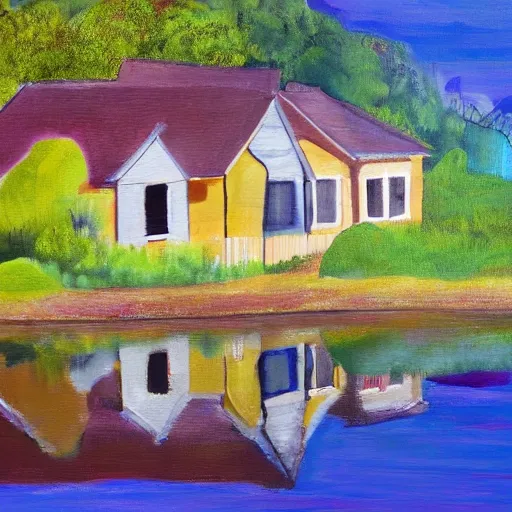 Prompt: a painting of a house next to a river