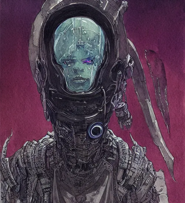 Image similar to a watercolor ink painting of a cyberpunk grimdark demon in the style of jean giraud in the style of moebius trending on artstation deviantart pinterest detailed realistic hd 8 k high resolution