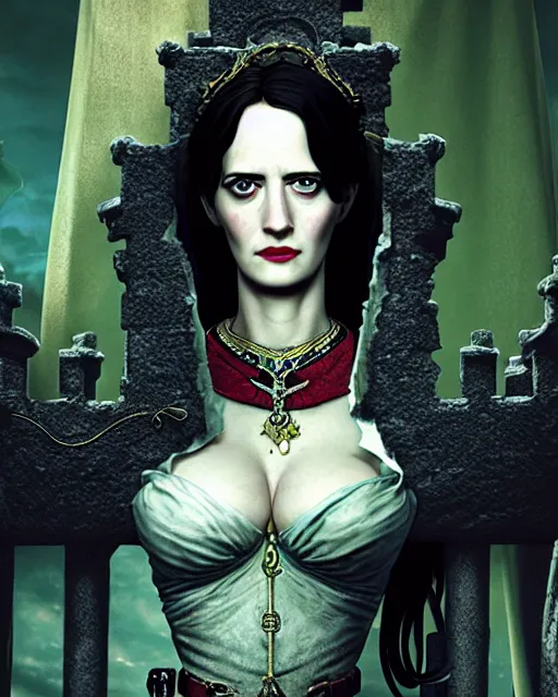 Image similar to character portrait of eva green with gorgeous detailed eyes in the castle, color page, tankoban, 4 k, tone mapping, doll, akihiko yoshida, james jean andrei riabovitchev marc simonetti, yoshitaka amano, willowy frame