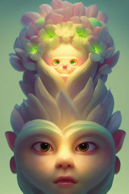 Prompt: super cute Bioluminescent Flower deity character concept, single head, no double head, soft light, soft mood, realistic body features and face, illustration, painting oil on canvas by Elena Zhurikhina and Goro Fujita and Charlie Bowater, octane render trending on artstation, 4k, 8k, HD