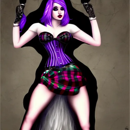 Image similar to full body art of a pretty woman, purple hair, black corset, tartan skirt, black gloves, black lipstick, digital art, fantasy art, 4k,