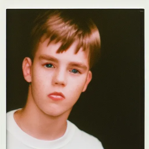 Image similar to medium shot portrait, teen male, 9 0 s bowl cut hairstyle, gecko t shirt, polaroid instant film