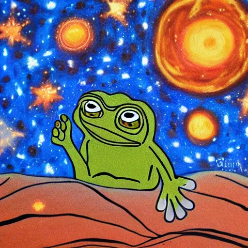 Image similar to cave painting of pepe the frog with star and galaxies