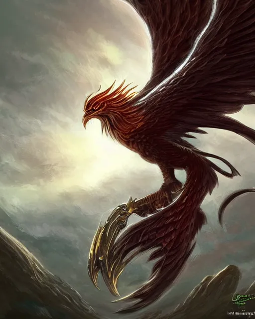 Prompt: ''Wallpaper of a phoenix , d&d, fantasy, detailed, digital art, by Ric Ow, by Fahmi Fauzi''