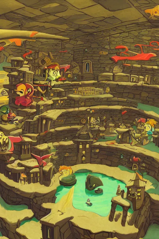 Prompt: 1 9 9 6 nintendo pre - rendered concept art of a dungeon in the wind waker