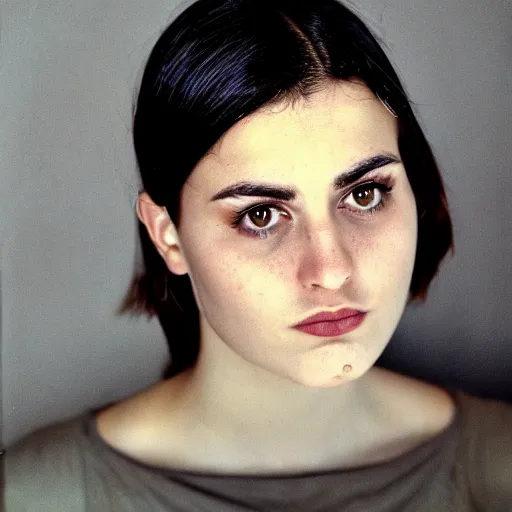 Image similar to 35mm film photo of an atractive cool alternative bosnian woman in her early 20s. beautiful face. She has dark brown hair, dark thick eyebrows, brown eyes and shoulder long hair.