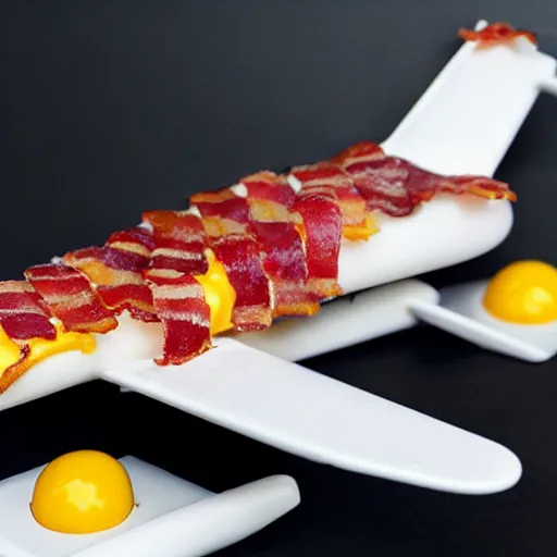 Image similar to airplanes made out of bacon, egg, and cheese