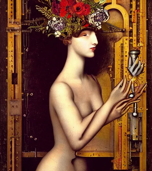 Image similar to portrait of a beautiful young cyborg woman with a big steampunk flower crown and part mechanical face , Metropolis, by Leonardo Da Vinci in the style of Man Ray