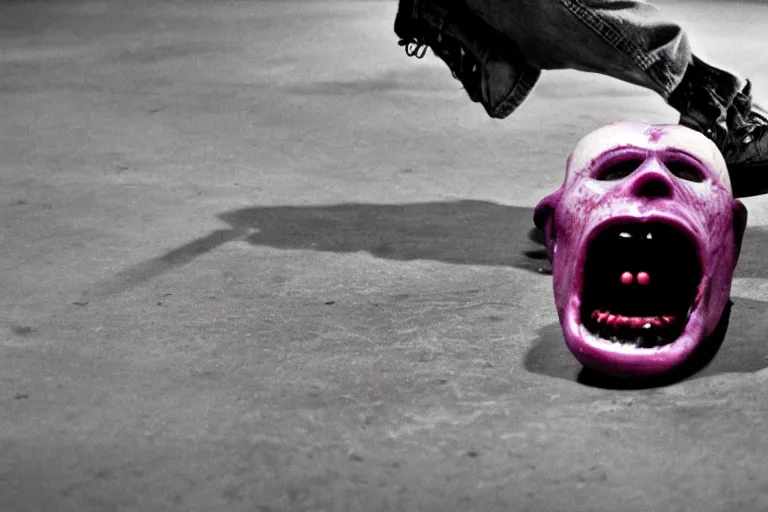 Image similar to grimace on skateboard, horror film still, dark atmosphere, found footage, nightmare, unsettling, cinematic, dim lighting, pain, agony, suffering