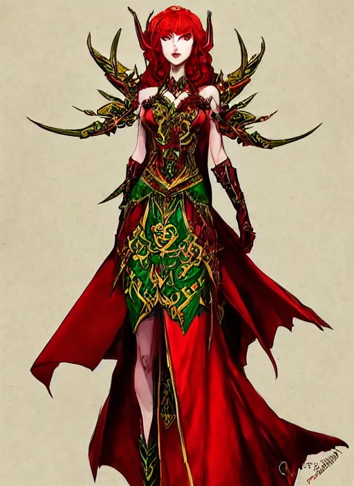 Image similar to Full body portrait of a beautiful red haired elven queen with haughty look, ominous aura wearing, red, green and gold ornate queen dress. In style of Yoji Shinkawa and Hyung-tae Kim, trending on ArtStation, dark fantasy, great composition, concept art, highly detailed.