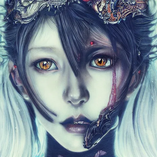 Prompt: A beautiful detailed aesthetic horror portrait painting titled 'beautiful bishoujo maiden queen'description 'Order of the occult ww1 princess' portrait, character design, worn, dark, manga style, extremely high detail, photo realistic, pen and ink, intricate line drawings, by Yoshitaka Amano, Ruan Jia, Kentaro Miura, Artgerm, post processed, concept art, artstation, matte painting, style by eddie mendoza, raphael lacoste, alex ross,