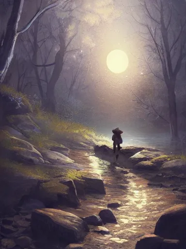 Prompt: an old man, walking in the night under the moonlight. besides a rocky river. intricate, elegant, highly detailed, digital painting, artstation, concept art, sharp focus, illustration, by justin gerard and artgerm, 8 k