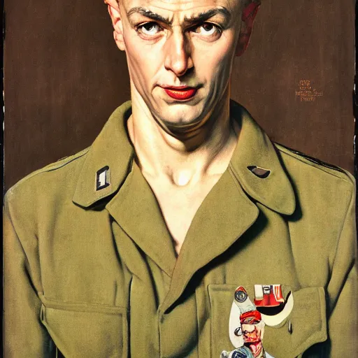 Image similar to frontal portrait of a soldier in attention, doing the loser hand gesture on his forehead, by Norman Rockwell and Gerald Brom