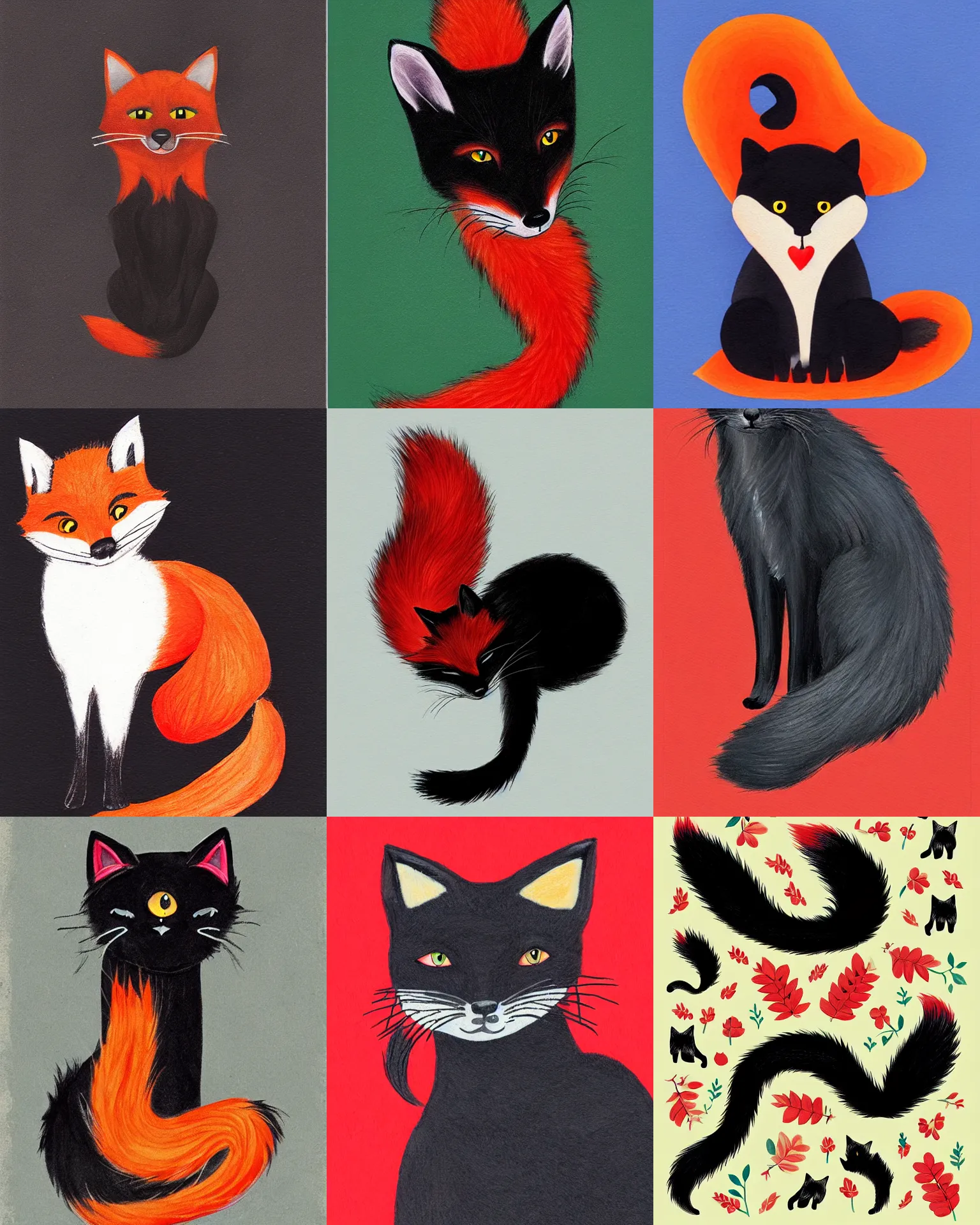 Prompt: black cat with red fox tail, hybrid, illlustration