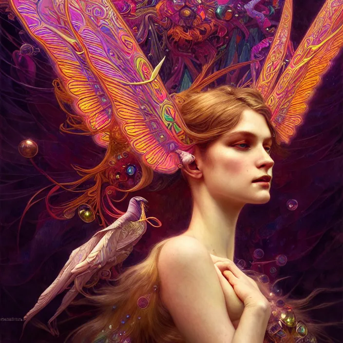 Image similar to psychedelic wings, diffuse lighting, fantasy, intricate, elegant, highly detailed, lifelike, photorealistic, digital painting, artstation, illustration, concept art, smooth, sharp focus, art by John Collier and Albert Aublet and Krenz Cushart and Artem Demura and Alphonse Mucha