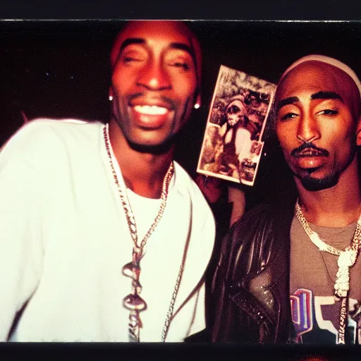 Image similar to Polaroid photograph of Kurt Cobain and Tupac Shakur in a club, blurry, XF IQ4, 150MP, 50mm, F1.4, ISO 200, 1/160s, natural light, Adobe Lightroom, photolab, Affinity Photo, PhotoDirector 365,