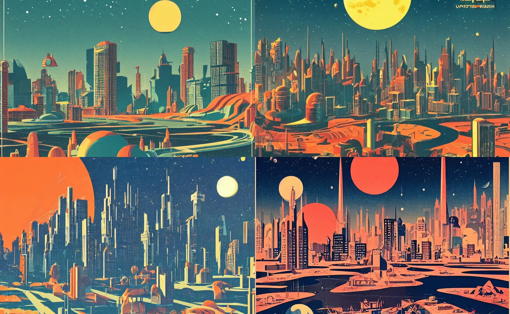 Prompt: a bustling utopian cityscape on the surface of the moon, mid century retro futuristic poster