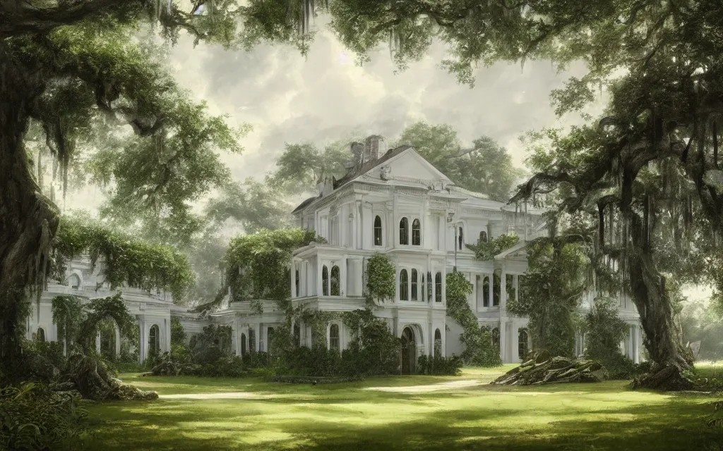 Image similar to a white manor house on a lush southern plantation with a tree-lined driveway, romanticism, hyperdetailed, artstation, cgsociety, 8k, masterpiece, sharp, fine art