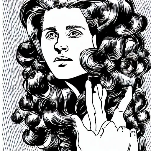 Prompt: clean simple line art of a woman with long curly hair floating in space. she is an astronaut, wearing a space suit. white background. well composed, clean black and white line drawing, beautiful detailed face. illustration by charlie adlard
