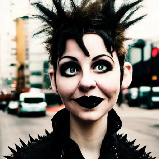 Image similar to portrait of a beautiful happy muppet puppet goth woman, spiky short hair, blurry urban background, cinematic, Serious eyes