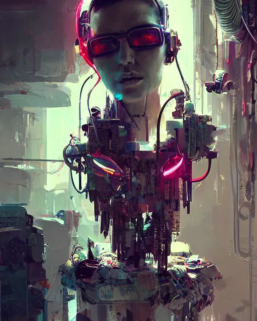 Prompt: neon surgery machine cyberpunk futuristic, reflective engine, decorated with traditional ornaments in a white room with piles of garbage by ismail inceoglu dragan bibin hans thoma, perfect face, fine details, realistic shaded, fine - face, pretty face