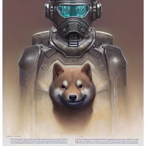 Prompt: t - 5 1 power armor, realistic anthropomorphic shiba inu, fantasy, t - 5 1 power armor glowing electric aura, by donato giancola and greg rutkowski and wayne barlow and zdzisław beksinski, realistic face, visible face, digital art, artstation, symmetry