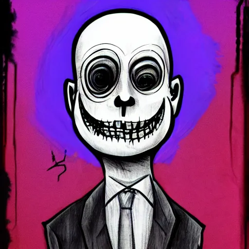 Image similar to grunge drawing of Klaus Schwab in the style of jack skellington and Jacob Shaw,creepy, surreal, trending on artstation, bold and vivid colour