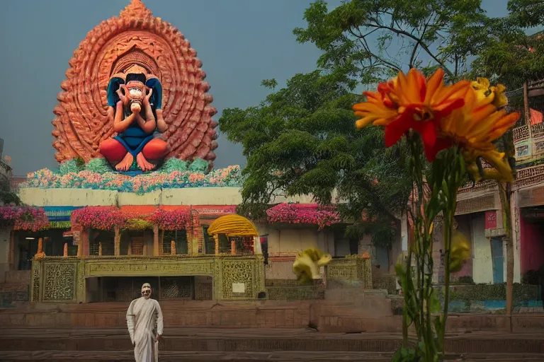 Image similar to beautiful dreamy biomorphic new delhi, hanuman!! head building, kalighat flowers, octane sharp cinematic, stephen shore & john j. park, soft morning light, wide shot, high angle, uhd 8 k, shallow depth of field