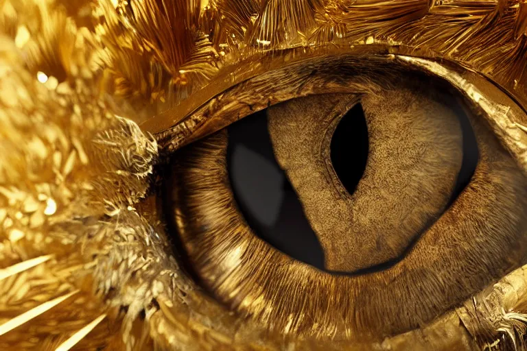 Image similar to the eye of an owl with golden feathers, hyperrealistic, many details, 3d render, octane, cinematic