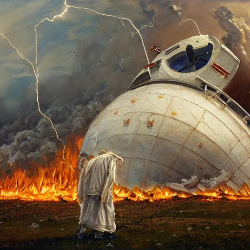 Prompt: a greek spaceship, stuck in the ground, the spaceship is on fire, smoke, rainstorm, lightning, angry, kinetic, adolphe bouguereaum, norman rockwell, trending on artstation, highly detailed oil painting,