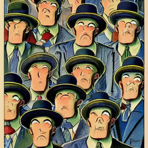 Prompt: A row of men in hats are standing, looking into the distance. the man in the centre is facing the front, looking downwards at his stomach by Frank Kelly Freas