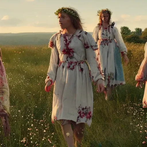 Prompt: a movie still from midsommar acted by robots