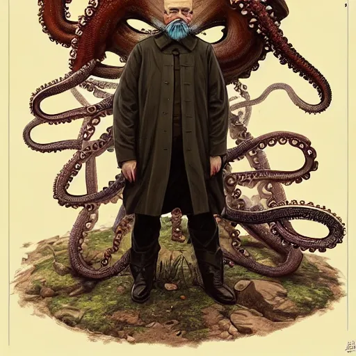 Prompt: photo of vladimir lenin as humanoid octopus, tentacles beard, tentacles heands, mushroom hat, hybrid were a heroic dress an armour in the forest, highly detailed, digital painting, artstation, smooth, sharp focus, illustration, art by artgerm and greg rutkowski and alphonse mucha