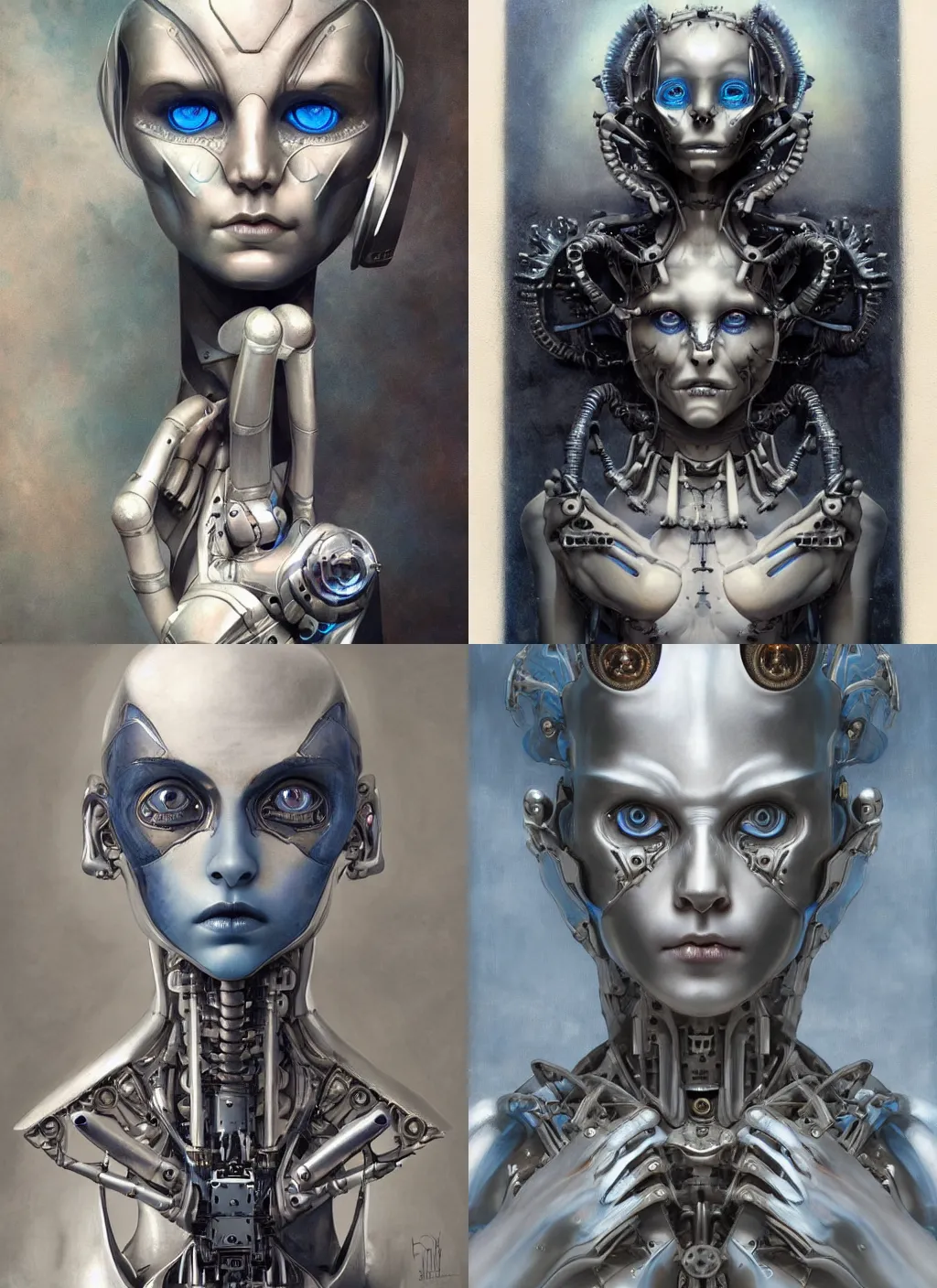 Prompt: humanoid robot demon, highly detailed, expressive blue eyes, beautiful symmetric body white metal, mechanical hands, award winning, by Tom Bagshaw