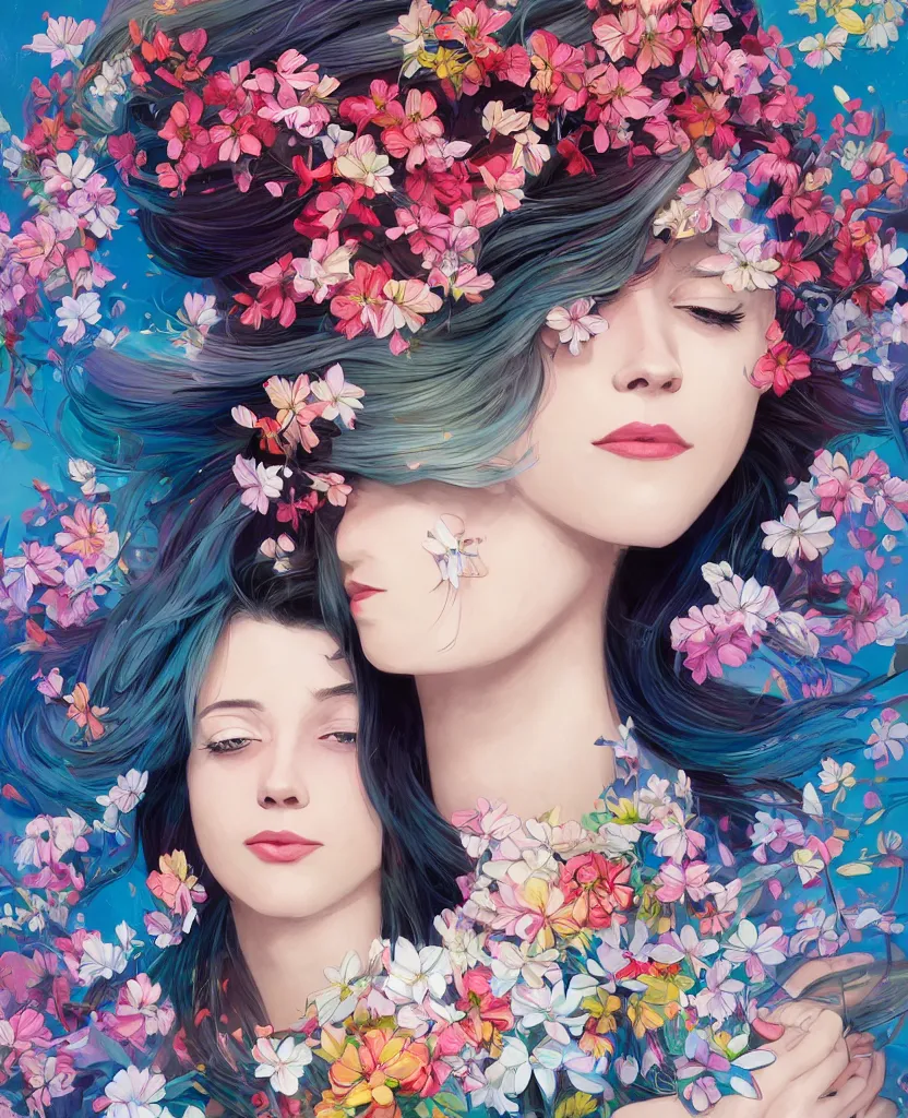 Image similar to half - electricity woman, white and multicolored hair, surrounded by flowers, cosmic background, with cute - fine - face, pretty face, realistic shaded perfect face, fine details by realistic shaded lighting poster by ilya kuvshinov katsuhiro otomo, magali villeneuve, artgerm, jeremy lipkin and michael garmash and rob rey