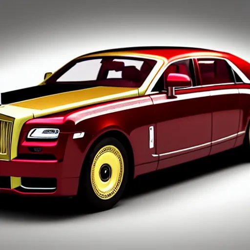 Image similar to 3 d octane render, super detailed, ray tracing, high quality, super realistic, futuristic red black and gold rolls royce. front view. aspect ratio 1 6 : 9