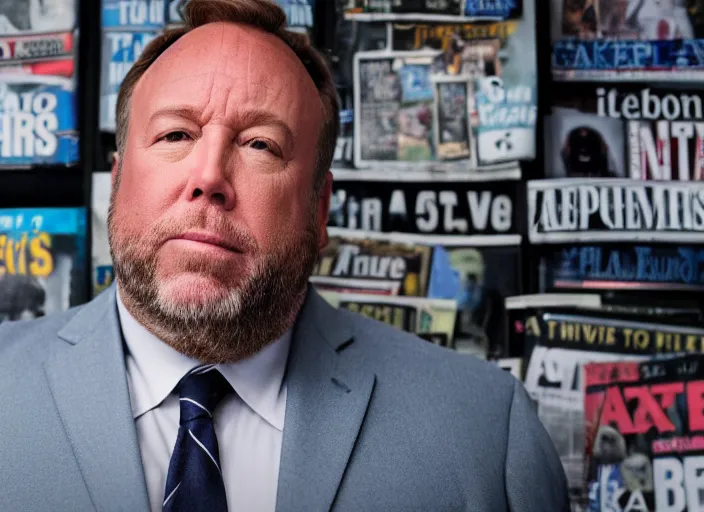 Prompt: dslr photo still of infowars host alex jones in a blue suit fat grey beard and mustache in a!!! room filled to the ceiling with newspapers!!!, 5 2 mm f 1. 8