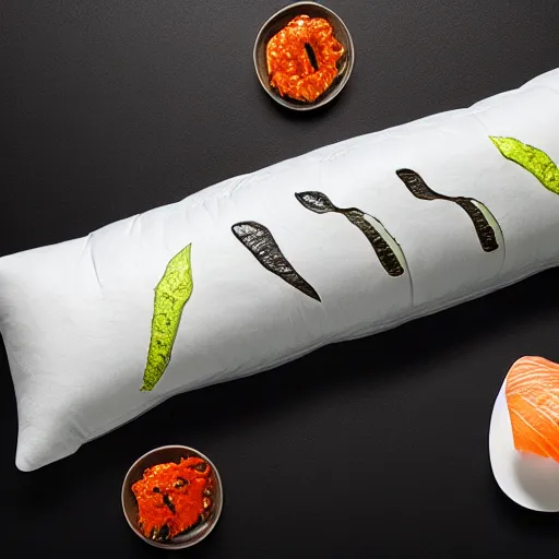 Image similar to a pillow in the shape of sushi, product photography, highly detailed, epic lighting, hyper photorealism, 8 k