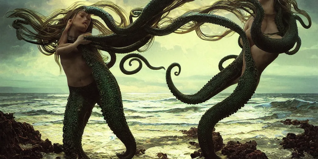 Image similar to a tentacled creature emerging from the ocean near an abandoned fishing village, large landscape ad night, high - key lighting, beautiful composition, intricate, gradient from green to black, pro photography by, highly detailed, matte pailting, art by artgerm and greg rutkowski and alphonse mucha, smooth, sharp focus illustration